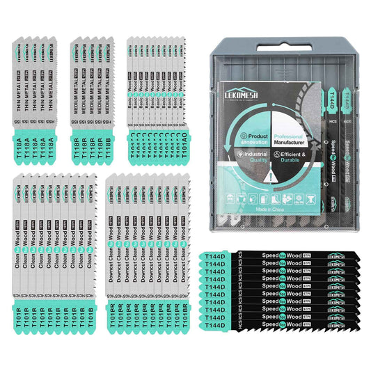 LEKOMESH 50 PCS Contractor Jigsaw Blades Set - Assorted T-Shank Jig Saw Blades for Wood, Plastic and Metal Cutting(T118A,T118B,T101AO,T101B,T101BR,T144D)