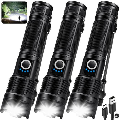 KINGCAESAR 3 Pack Flashlights 90,000 High Lumens - Super Bright Rechargeable Flashlight with 5 Light Modes, IPX7 Waterproof Powerful LED Flash Light for Home, Camping