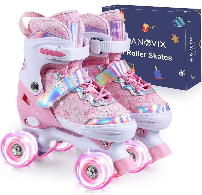 Huanovix Kids Roller Skates, 4-Size Adjustable RollerSkates with Light Up Wheels, Indoor Outdoor Illuminated Skates for Girls Boys Toddlers Youth Adult (Pink, M(US 13C-3/7.5-8.5 in))