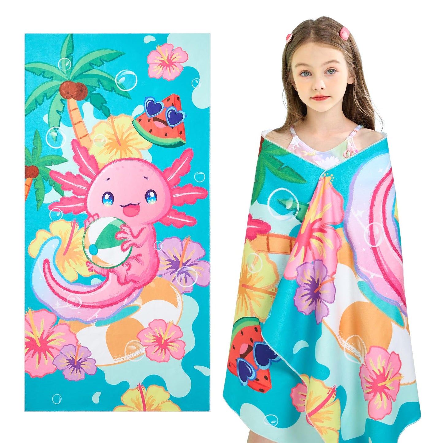 WERNNSAI Beach Towel for Kids, 30”x 60”Axolotl Quick Dry Sand Free Kids Beach Towel for Girls Personalized Beach Towel Pool Camping Travel Towel Soft Beach Blanket Bath Shower Towel