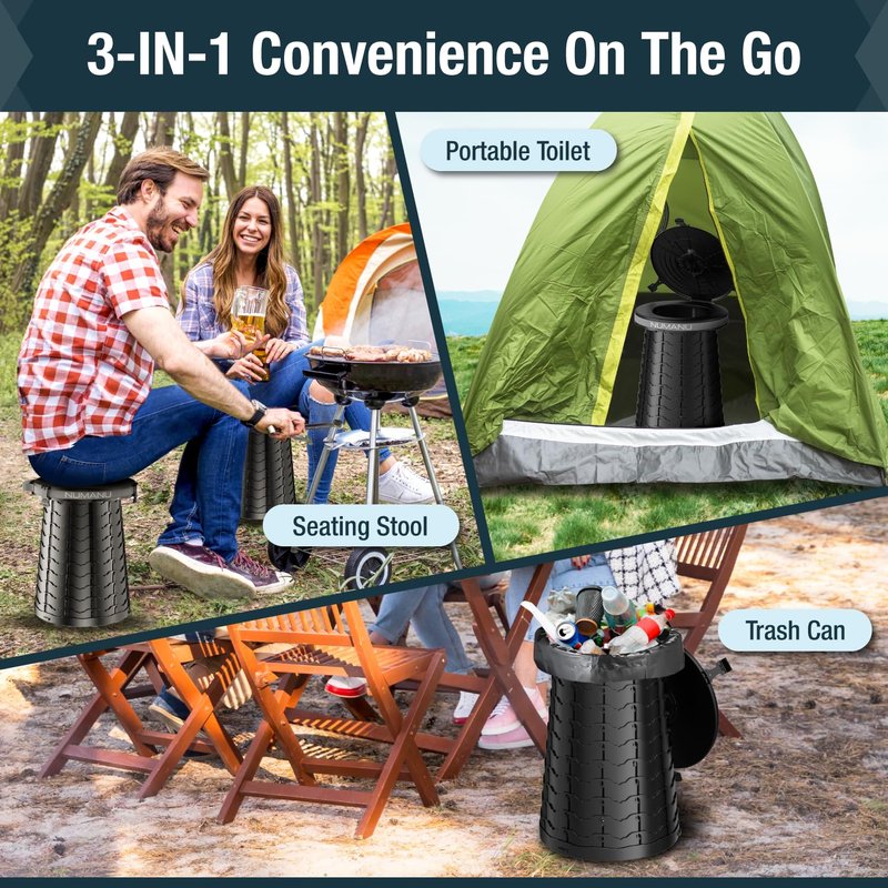 NUMANU 19.7" XXL 3IN1 Portable Toilet, Stool, Trash Can | Adjustable Height Portable Potty, Foldable Travel Toilet with Lid & Waste Bags, Outdoor Travel Potty, Pop Up Camping Toilet for Adults & Kids
