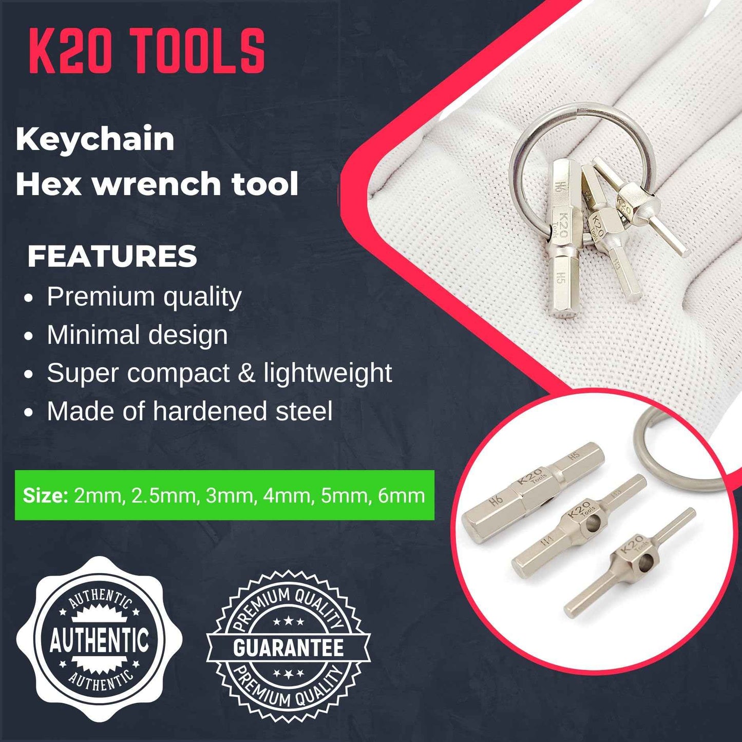 K20 TOOLS - Keychain Hex Key Allen Wrench Multi-Tool Set - Metric 2, 2.5, 3, 4, 5, 6 mm