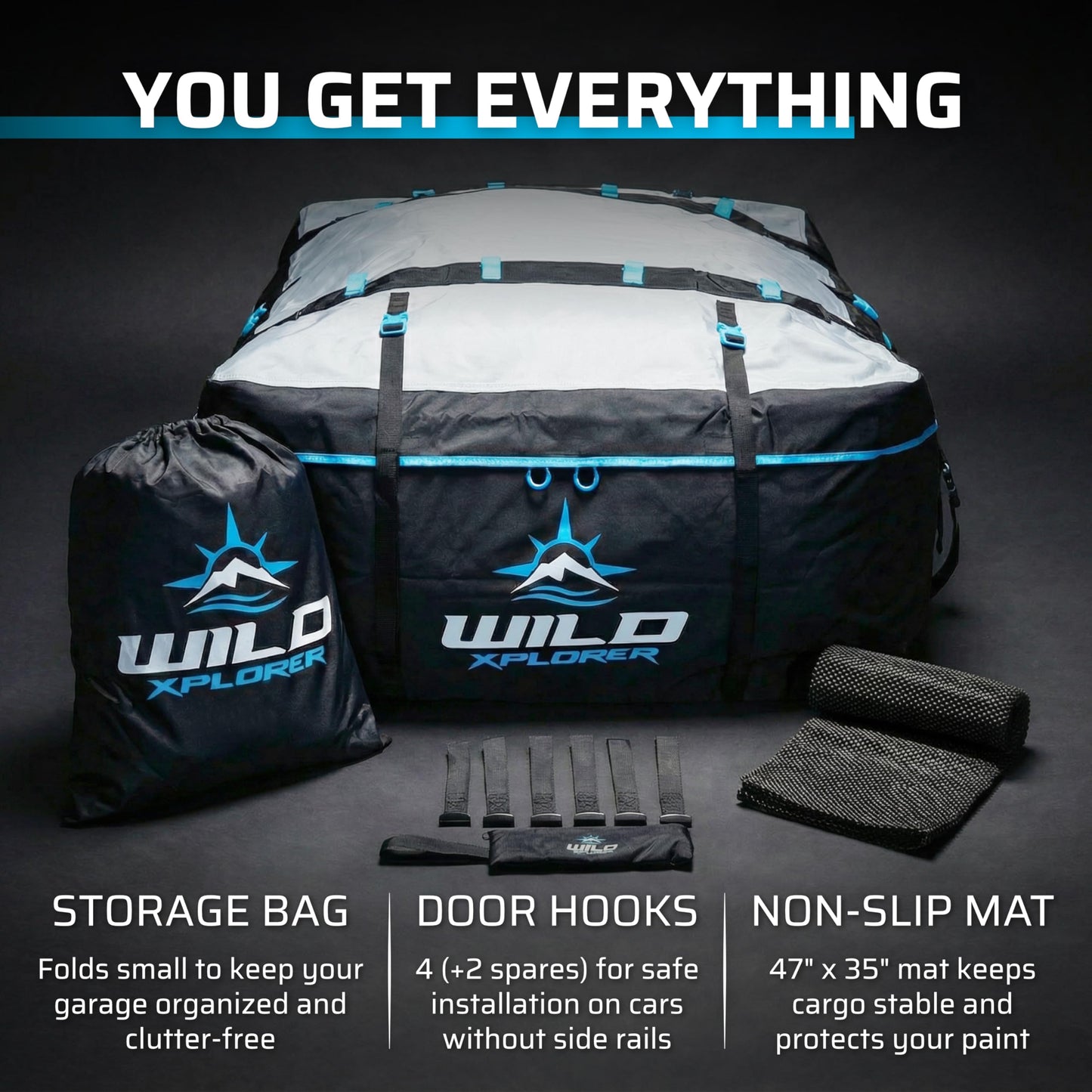 Wild Xplorer Rooftop Cargo Carrier - 15 Cubic Feet (L), Waterproof Soft Shell Car Roof Cargo Carrier, Heavy Duty Car Top Luggage Cargo Bag with Patented Door Hooks and Non-Slip Mat