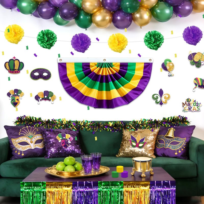 UPINS 57 Pcs Mardi Gras Decorations Kit, Mardi Gras Float Decorations Golf Cart Decorations for Parade, Includes Bunting Flag Garland Tinsel Fringe Streamers Balloons (Purple Green Gold)