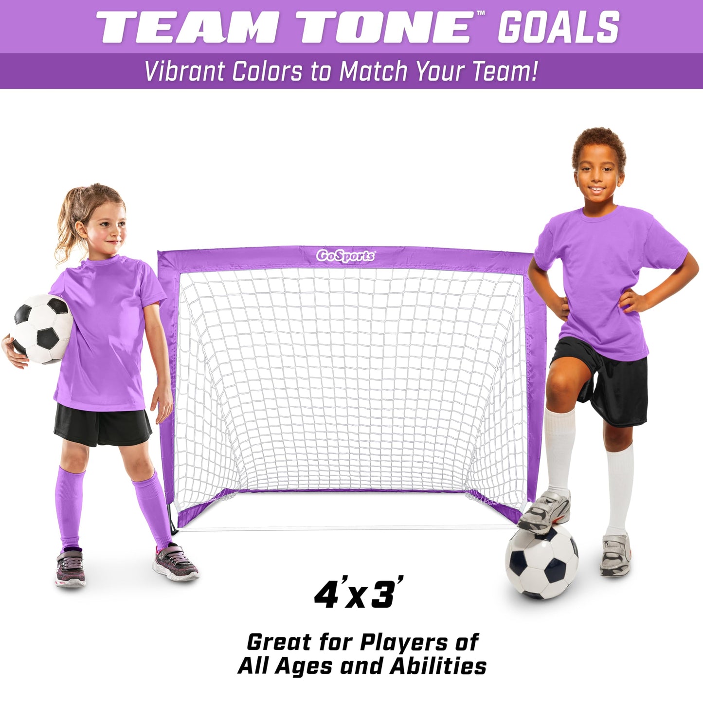 GoSports Team Tone 4 ft x 3 ft Portable Soccer Goals for Kids - Set of 2 Pop Up Nets for Backyard - Purple