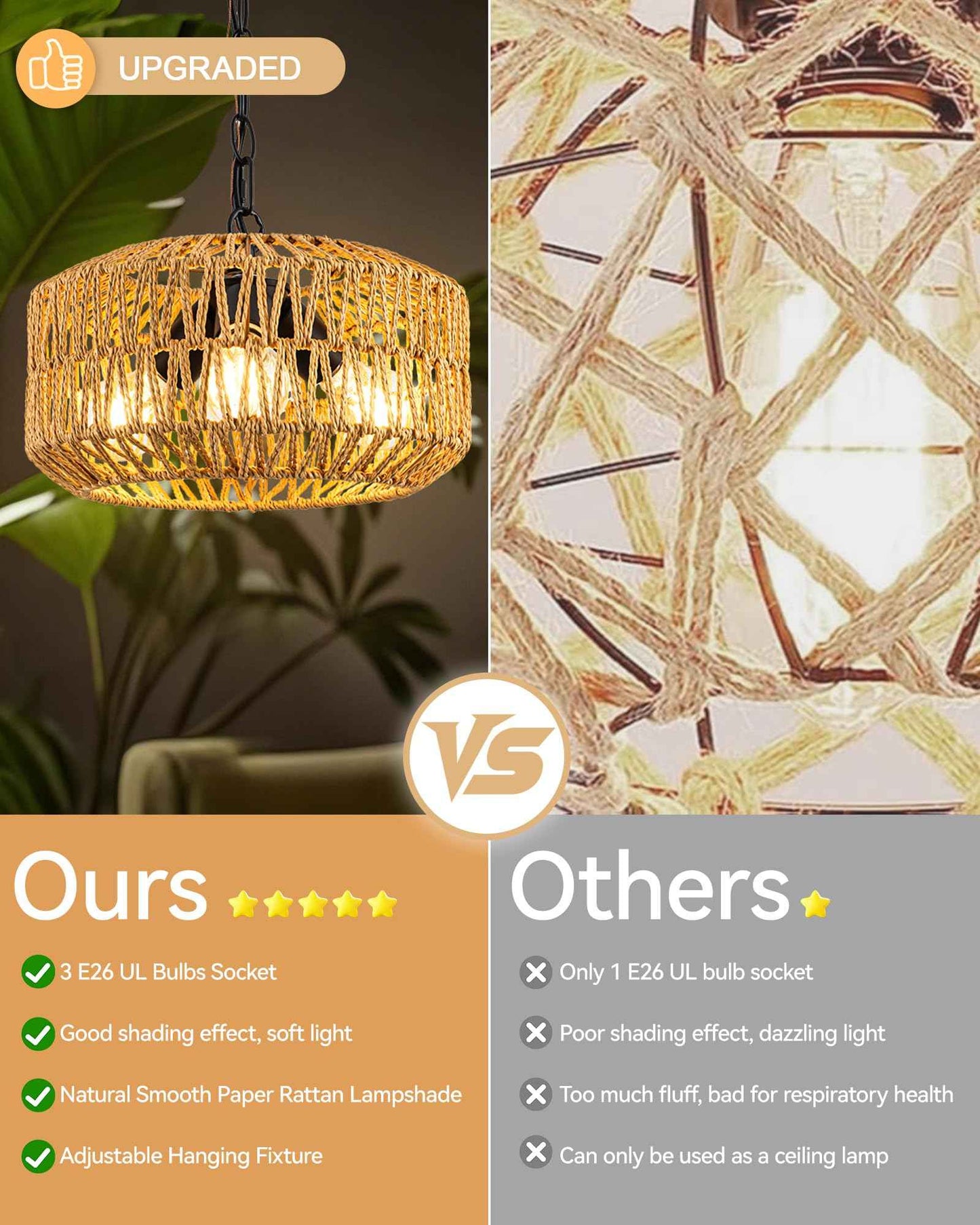 Boho Rattan Chandelier, 3-Lights Farmhouse Hanging Pendant Light, 11.8" Rustic Wicker Woven Chandeliers for Living Room, Kitchen Island(No E26 Bulbs, Not Exceeding 4.3")