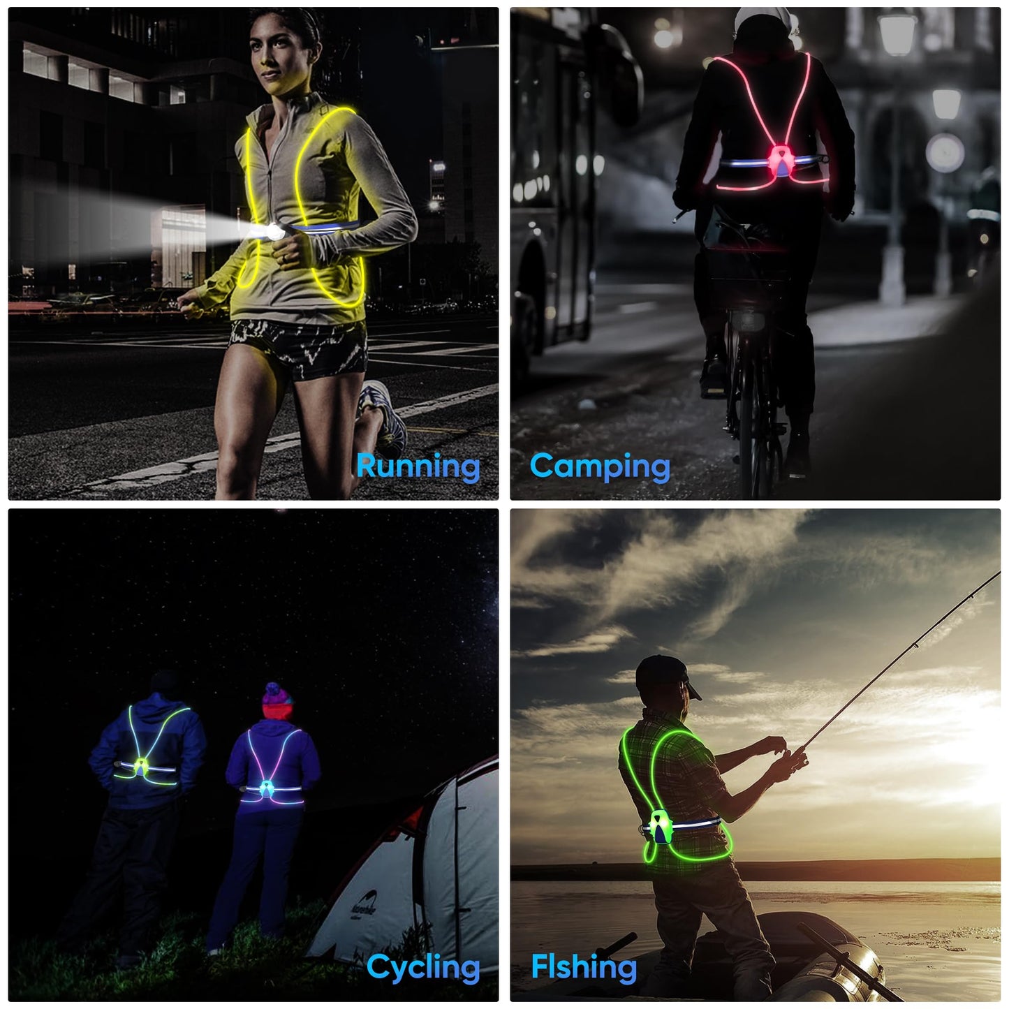 QiMH Led Reflective Vest Lights, Runners Lights with Front Light Safety USB Rechargeable Reflective Night Lights for Men Women Running Walking Cycling, 3 Lighting Modes, 7 Colors