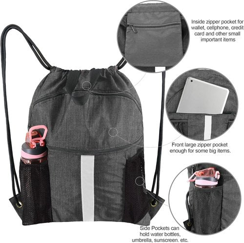 BeeGreen X-Large Drawstring Backpack | Black Gym Bag with Shoe Compartment for Sports
