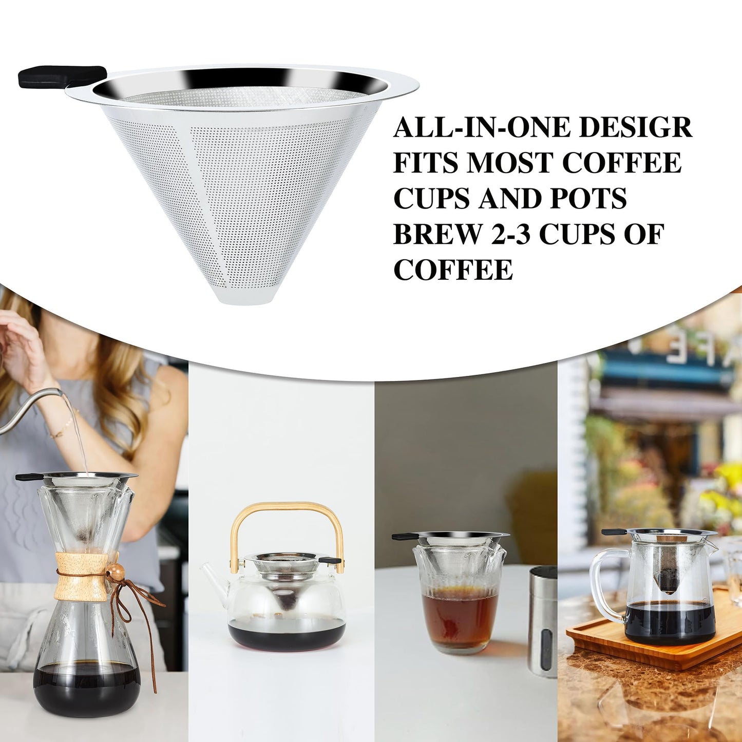 Pour Over Coffee Dripper Slow Drip Paperless Coffee Filter, Double Mesh Stainless Steel Pour Over Coffee Maker for Single Cup Brew Reusable Cone Filter, Coffee Drip Cone, Fine Mesh Strainer(5-6 Cup)