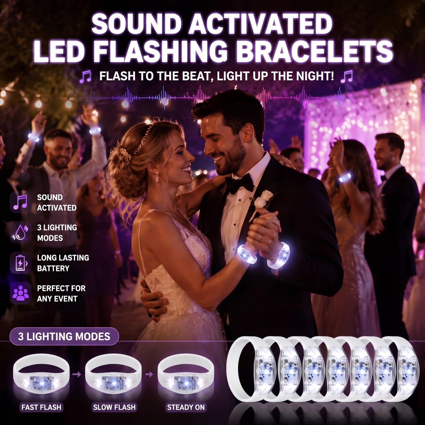 JellyArch 24 Pcs White LED Glow Bracelets, Sound Activated LED Bracelets for Wedding Reception Party Favors, Bridal Shower, Bachelorette Party, Rave, Concert, Birthday and Night Events