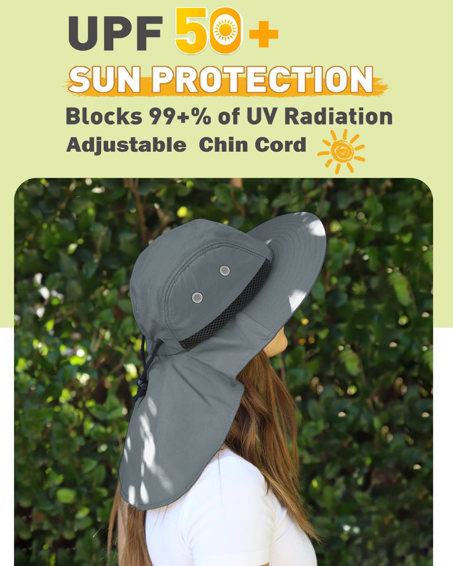 Tirrinia Wide Brim Sun Hat with Neck Flap for Men & Women, Breathable Hiking Fishing Safari Hat, Outdoor UV Protection Cap