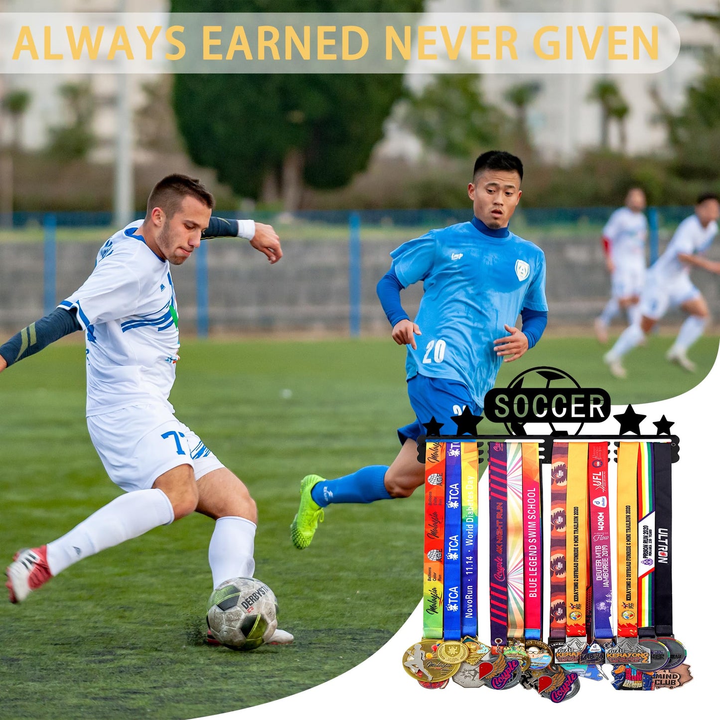 Goutoports Soccer Medal Display Hanger - Sport Award Ribbon Plaques Holder Rack for Wall Mount - Black Steel Metal Holder with 12 Hooks Hold Up 60 Medals Easy to Install