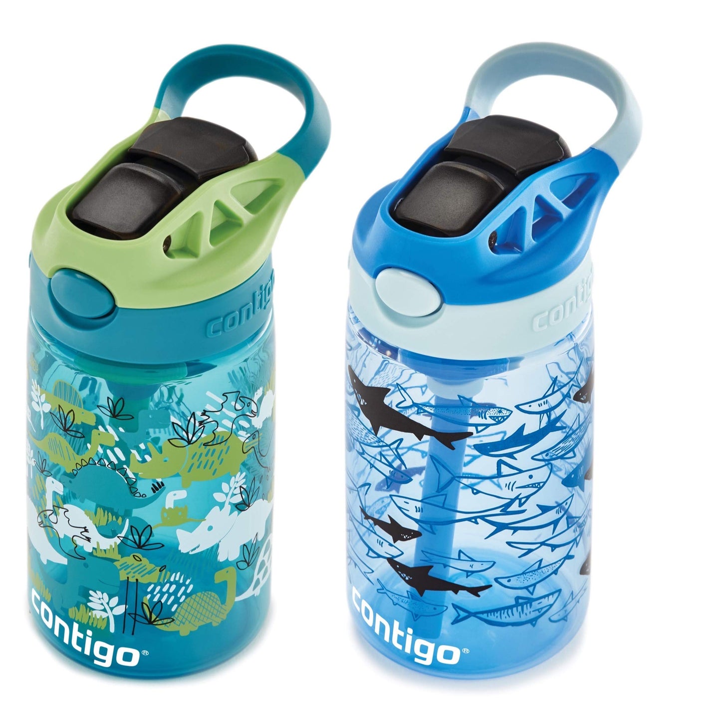 Contigo Aubrey Kids Water Bottle,14oz,Dinos & Sharks,Spill-Proof Lid,Dishwasher Safe,Blue & Green,(Pack of 8)