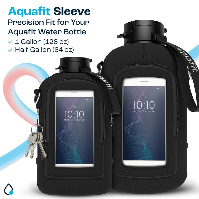 AQUAFIT 1 Gallon Jug Sleeve, Neoprene Water Bottle Bag with Adjustable Shoulder Strap and Pocket, 128 oz Sling Bag, Carrier Bag (Sleeve Only - No Bottle, Black)