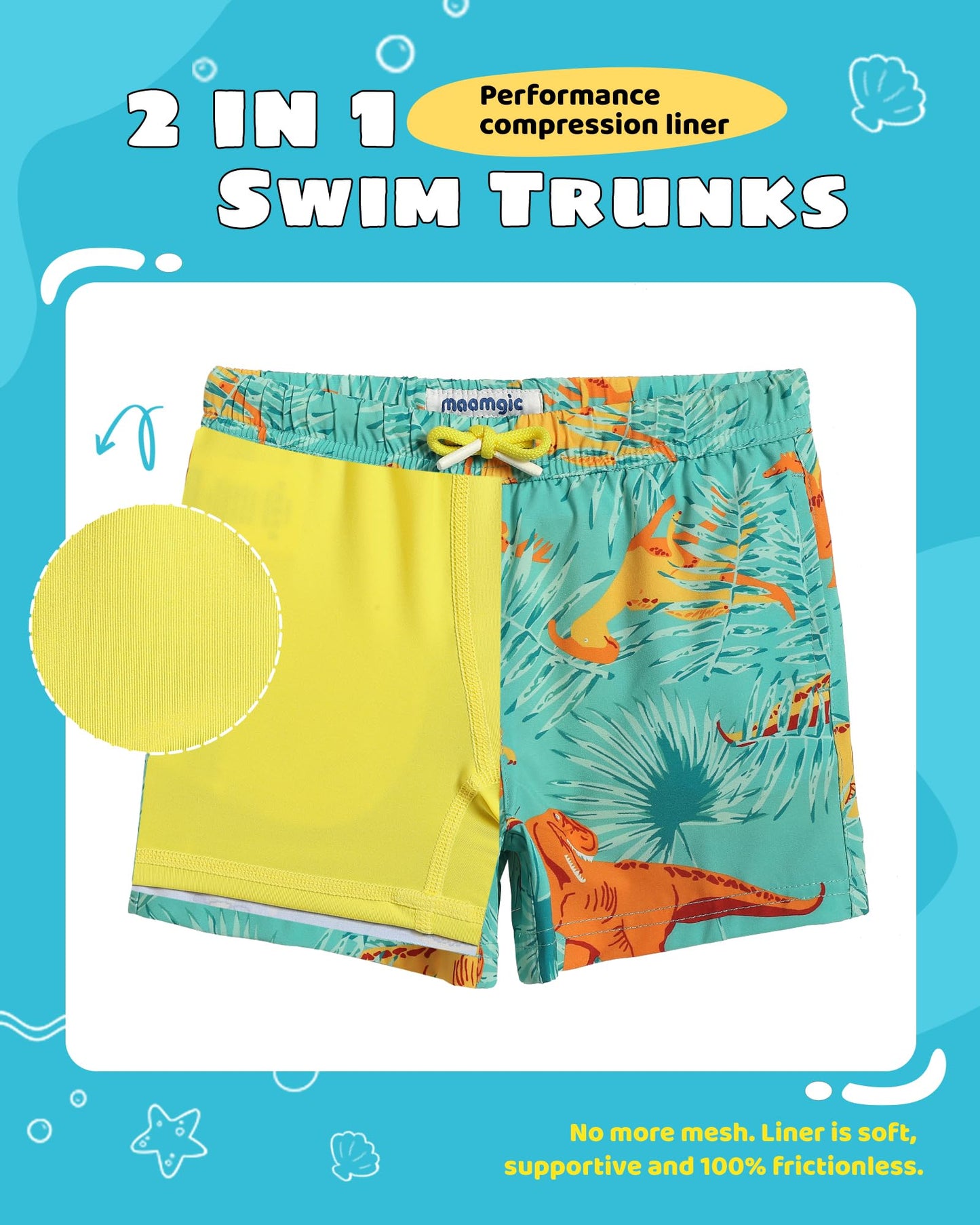 maamgic Boys Swim Trunks with Compression Liner Toddler Stretch Swim Shorts Quick Dry Swimming Trunks Boxer Brief 2 in 1 Beach Shorts Green Dinosaur 2T