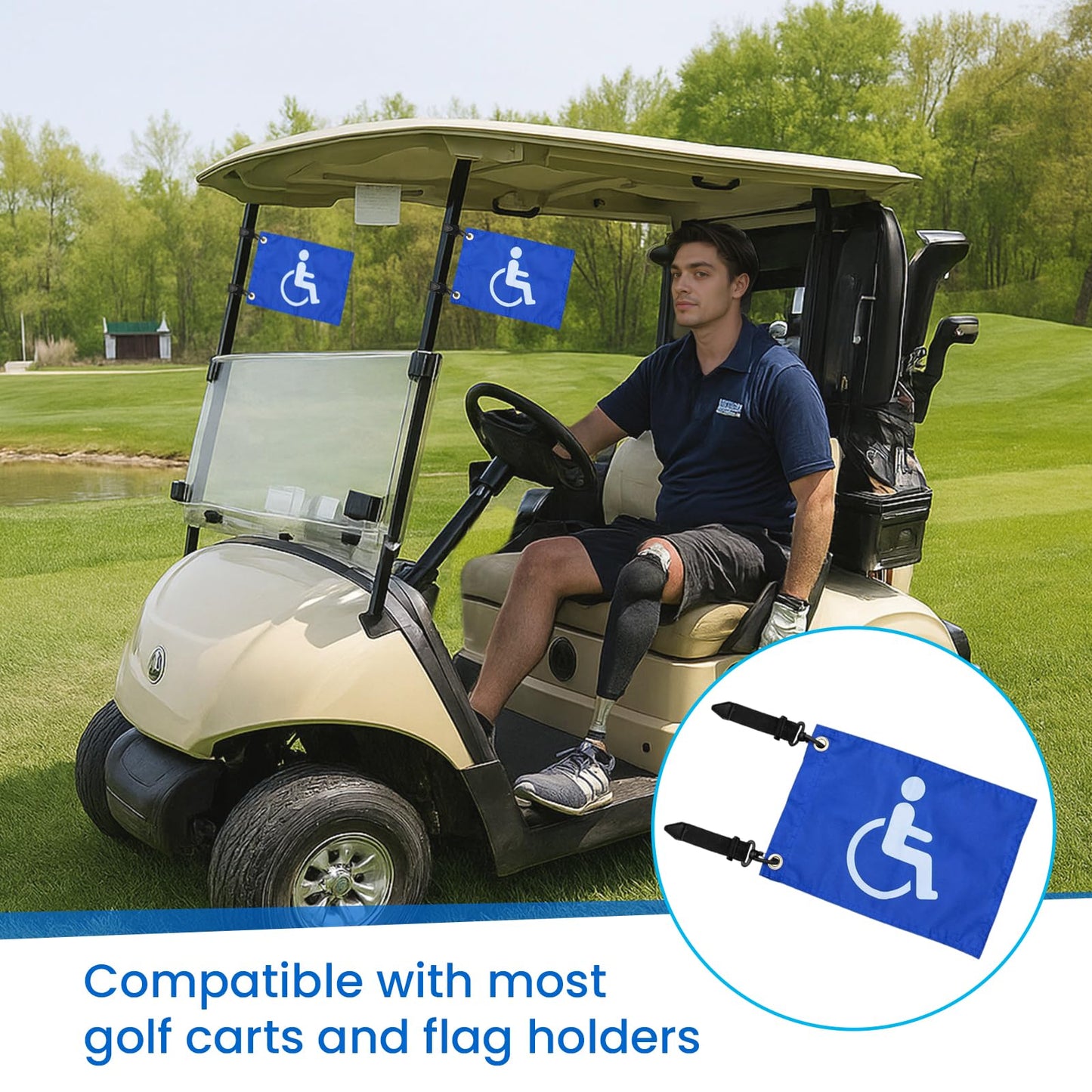 Disable Handicap Flag for Golf Cart, Boat, Bike - Blue Safety Golf Flag with Elastic Strap Bracket, 9"L x 6"W (4)