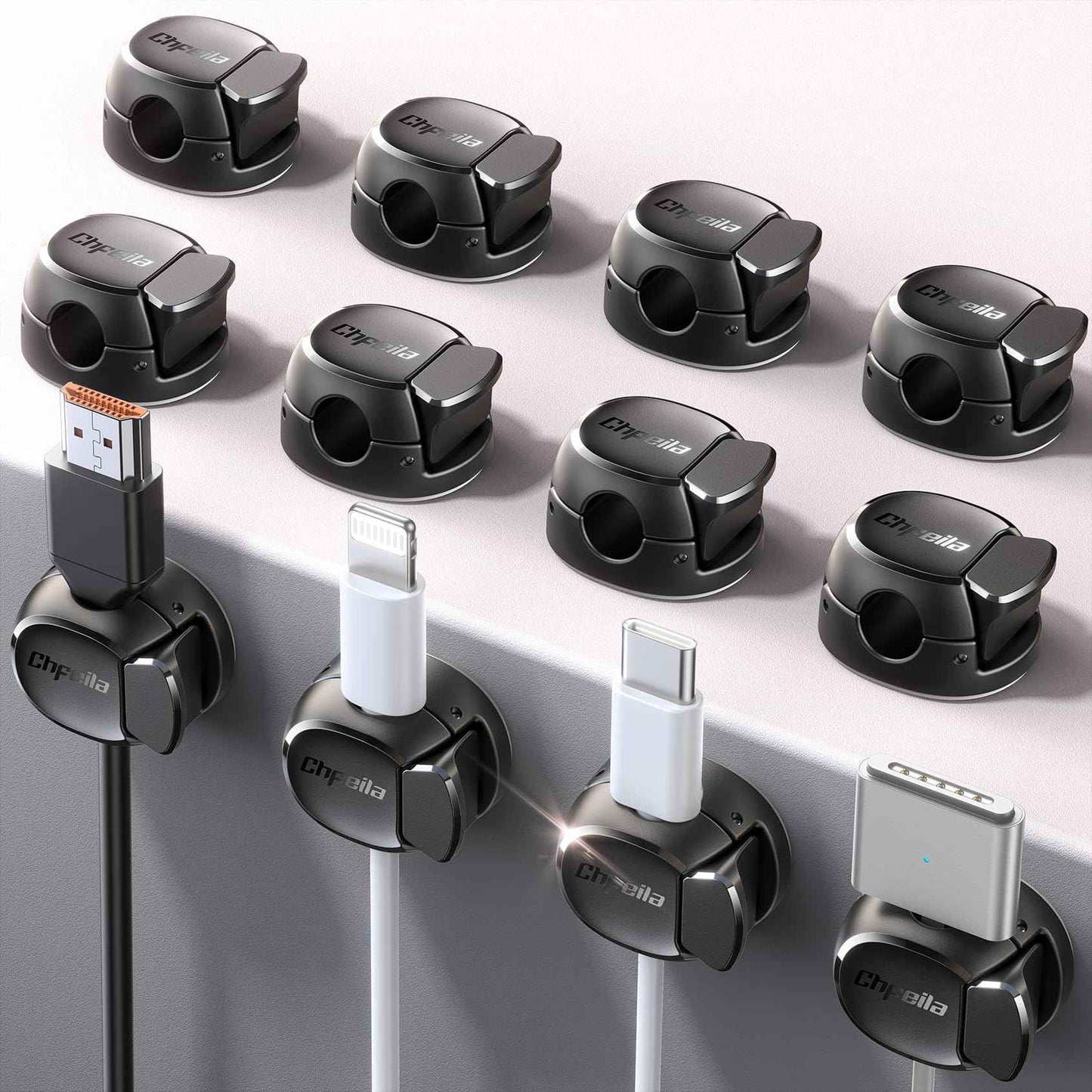 12Pack Cord Organizer [Dual Spring & Clasp, Max Secure] Cable Clips - Chfeila Cord Holder, Desk Cable Management, Adhesive Phone Charging Wire Holder for Nightstand/Car/Wall, Office Accessory - Black