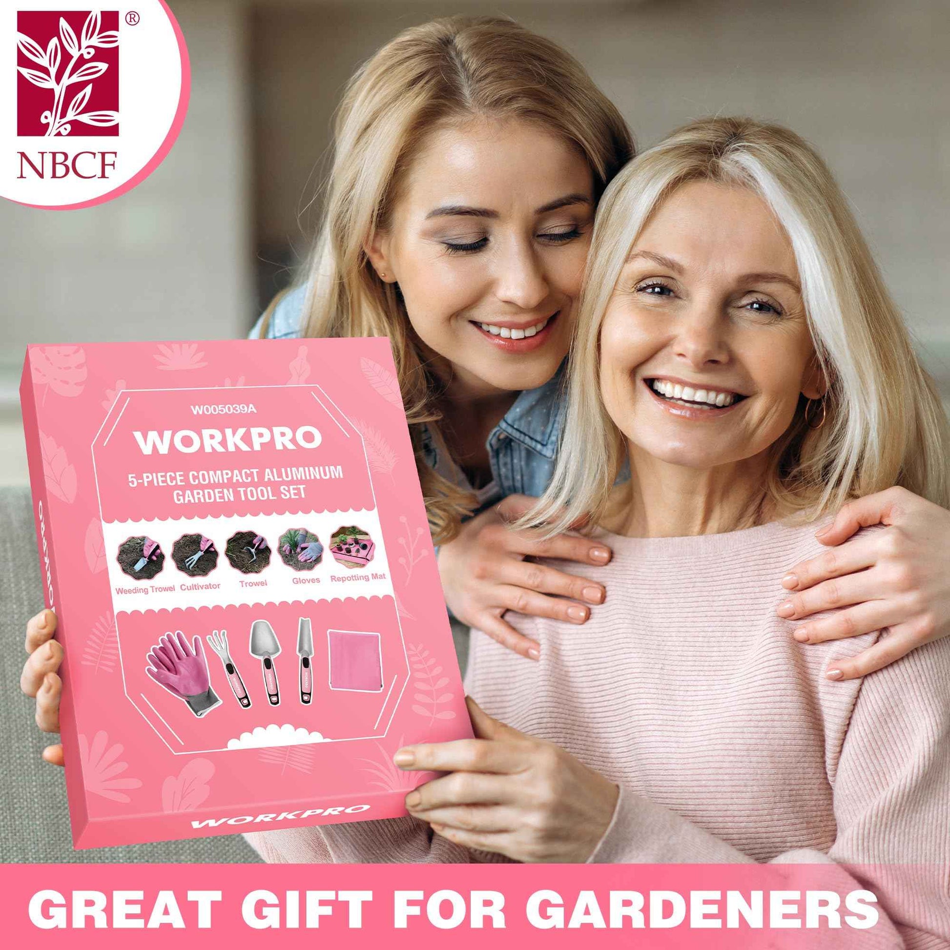 WORKPRO 5PCS Garden Tool Set, Powder Coating Compact Aluminum Gardening Tool Set with Repotting Mat, Outdoor Garden Hand Tools, Ideal Gardening Gift, Pink Ribbon