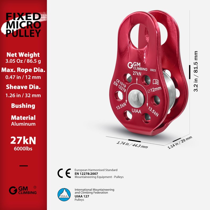 GM CLIMBING Fixed Micro Pulley 27kN CE UIAA Certified Slack Tender for Hitch Tending Pack of 2