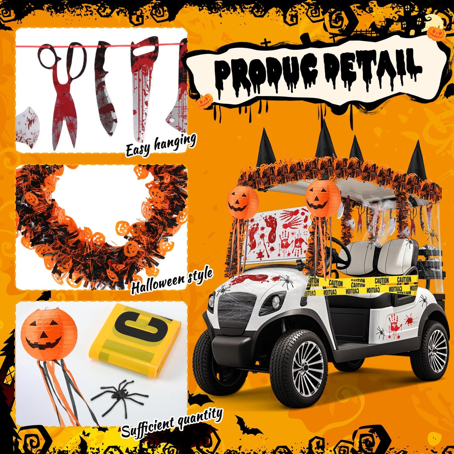 Suncalla Halloween Golf Cart Decorations Halloween Themed Car Decoration Kit Blood Knife Banner Pumpkin Lanterns Witch Hat Bloody Handprint Footprint Stickers for Golf Cart Party Supplies Decor