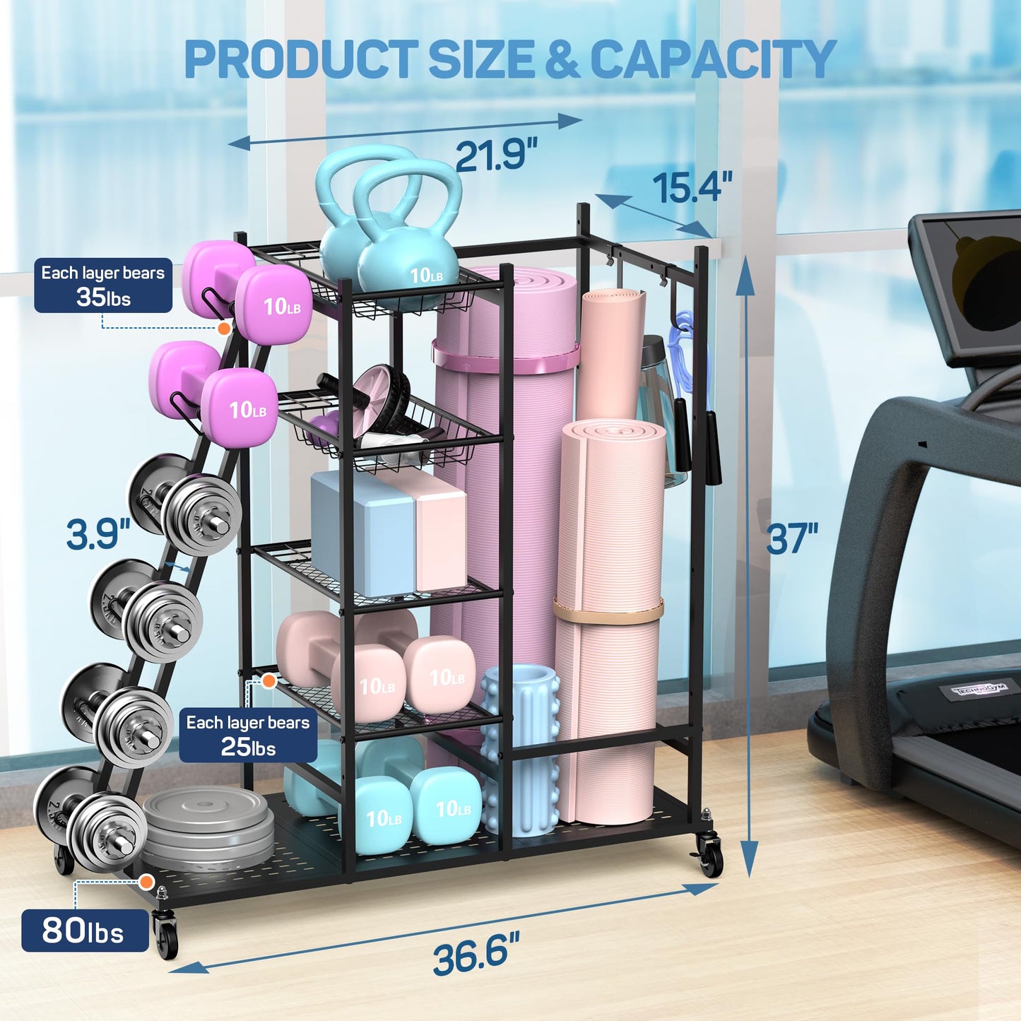 PLKOW Rolling Dumbbell Rack and Home Gym Storage Organizer, Black