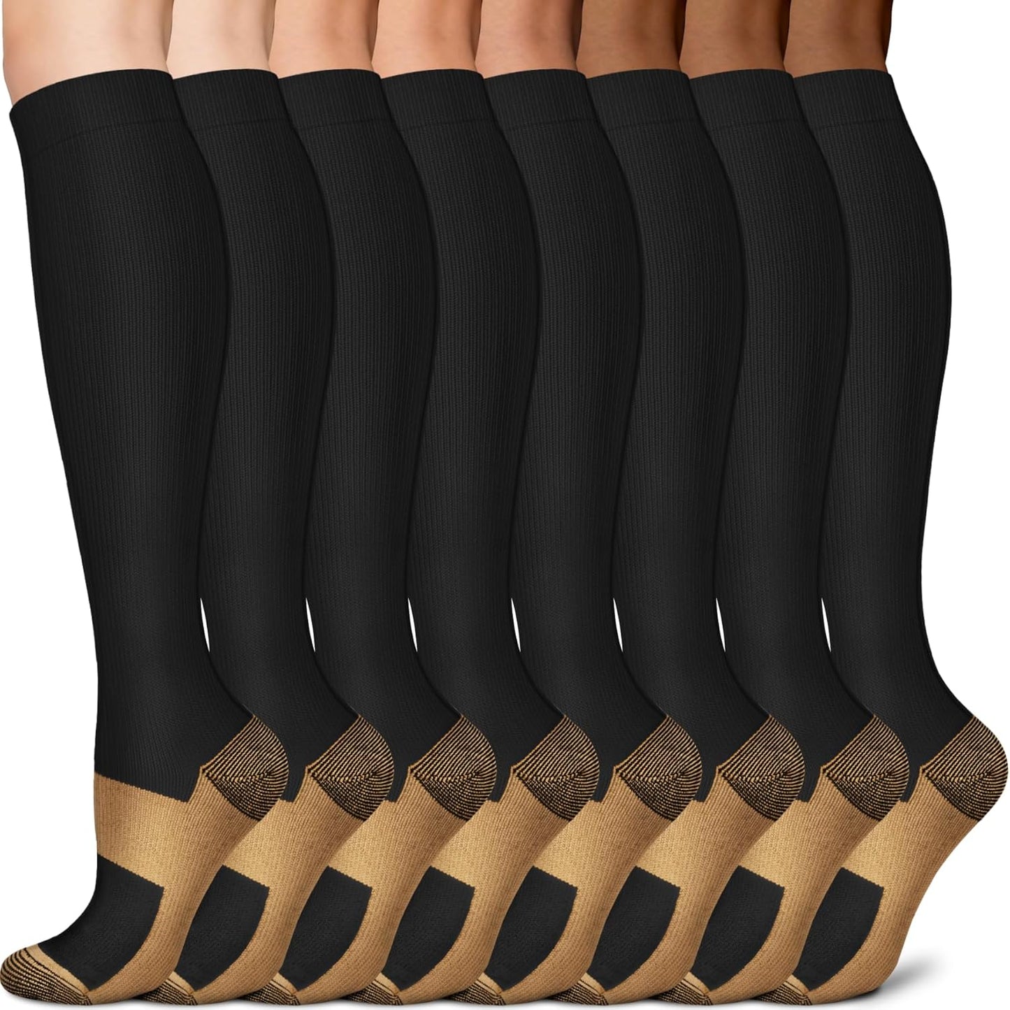 Sooverki Copper Compression Socks - 8 Pack Knee High Support Stockings for Men & Women | 15-20mmHg