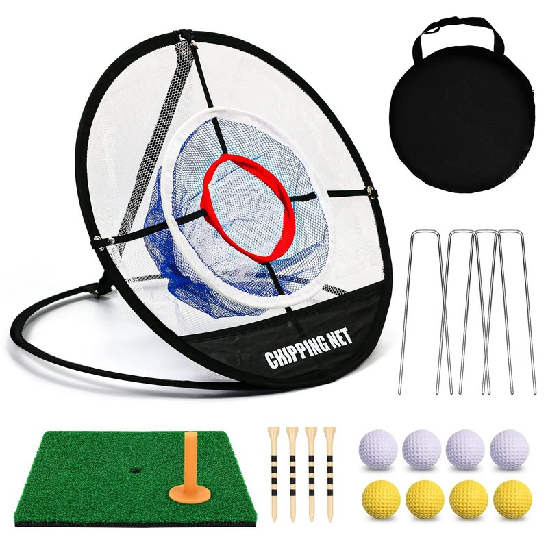 Pop Up Golf Chipping Net with Hitting Mat, Golf Target Chipping Net Collapsible 8 Practice Balls 4 Tees Rubber Tee Holder Fixed Tools for Indoor Outdoor Swing (Net+Mat)