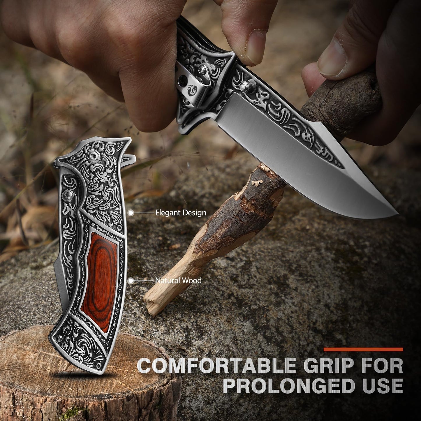 DRACHENADER Pocket Knife with Sheath and Clip, 440C Stainless Steel Folding Knife 3D Retro Embossed Pattern, Gifts Christmas, Birthday, Father's Day (D-J37)