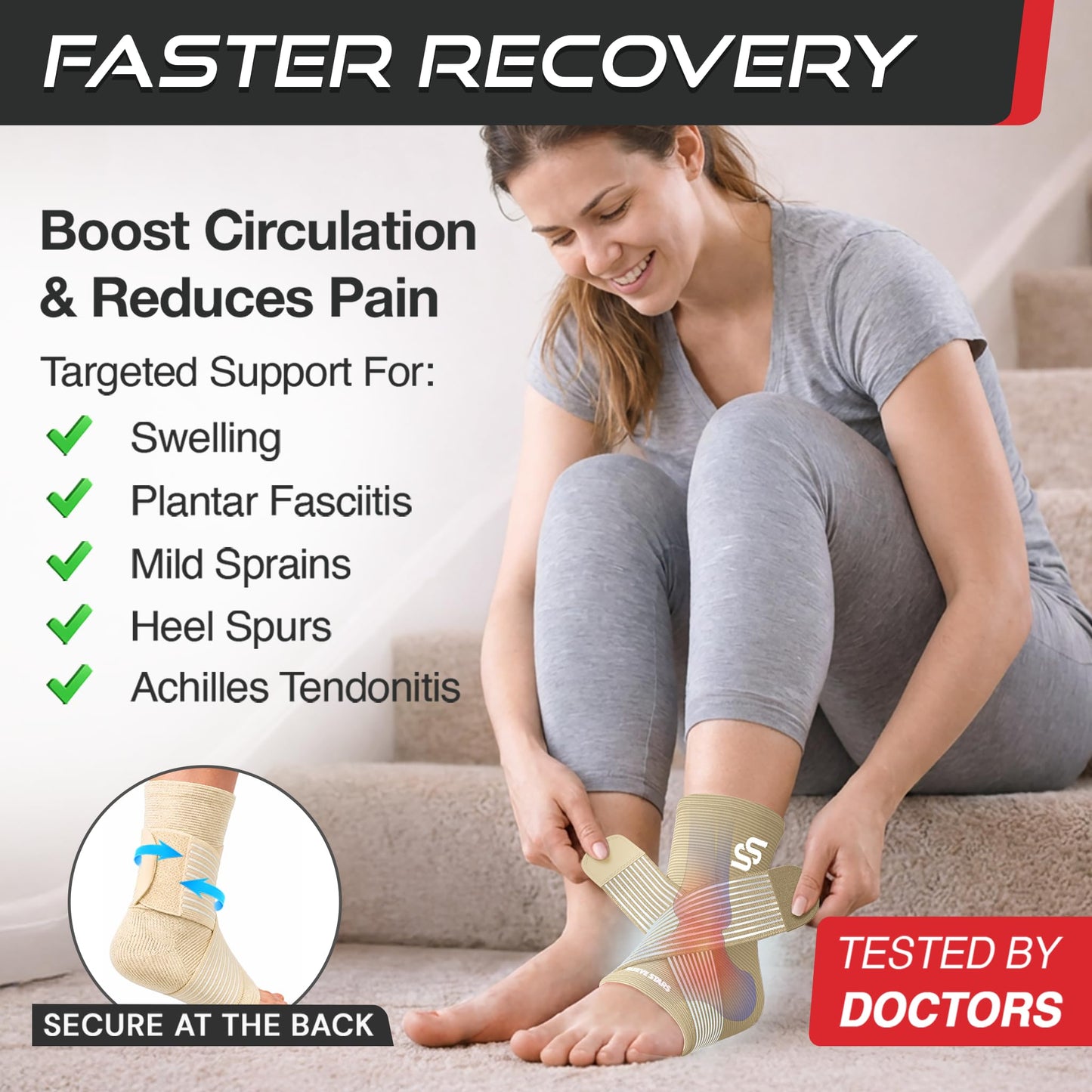Sleeve Stars Ankle Brace for Women & Men, Ankle Wrap for Sprain, Compression Sleeve for Plantar Fasciitis Relief, Easy Customizable Support: w/ Removable Strap (Pair/M:10"-12"/Beige)