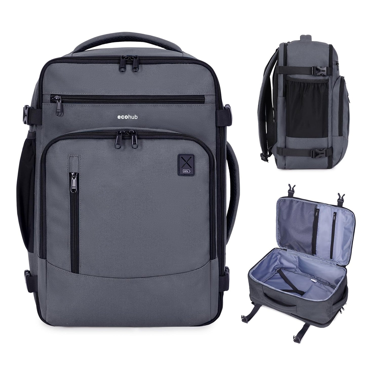 ECOHUB 17" Small Travel Backpack, United Airlines Personal Item Bag 17x10x9 with 16 Pockets, Water Resistant Rucksacks Fit 15.6" Laptop, AirTag Pocket, Lightweight Casual Daypack, 25L, Grey Green
