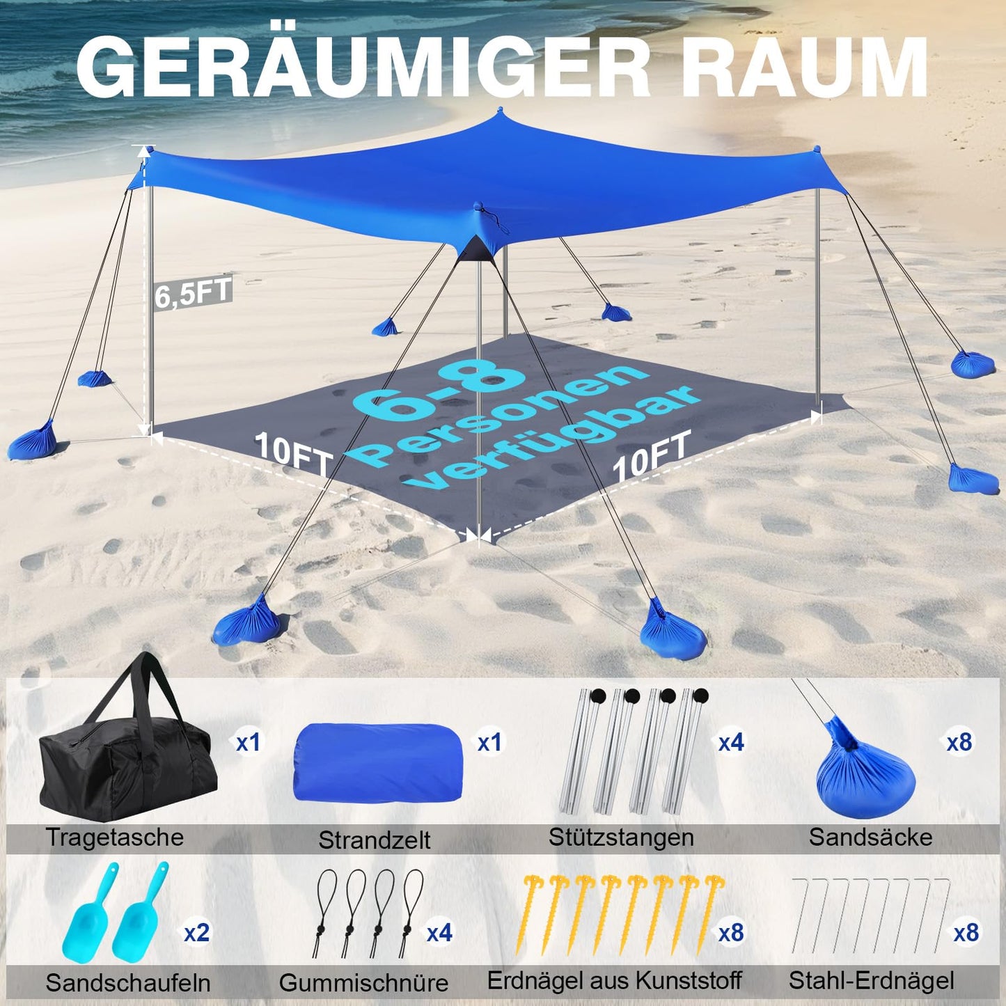 Rhino Valley Beach Tent, 10 x 10 FT Beach Shade UPF50+ Protection, Beach Canopy with 8 Sandbags 4 Stability Poles, Outdoor Beach Tent Sun Shelter Umbrella for Sand,Camping,Fishing Essentials,Dark Blue