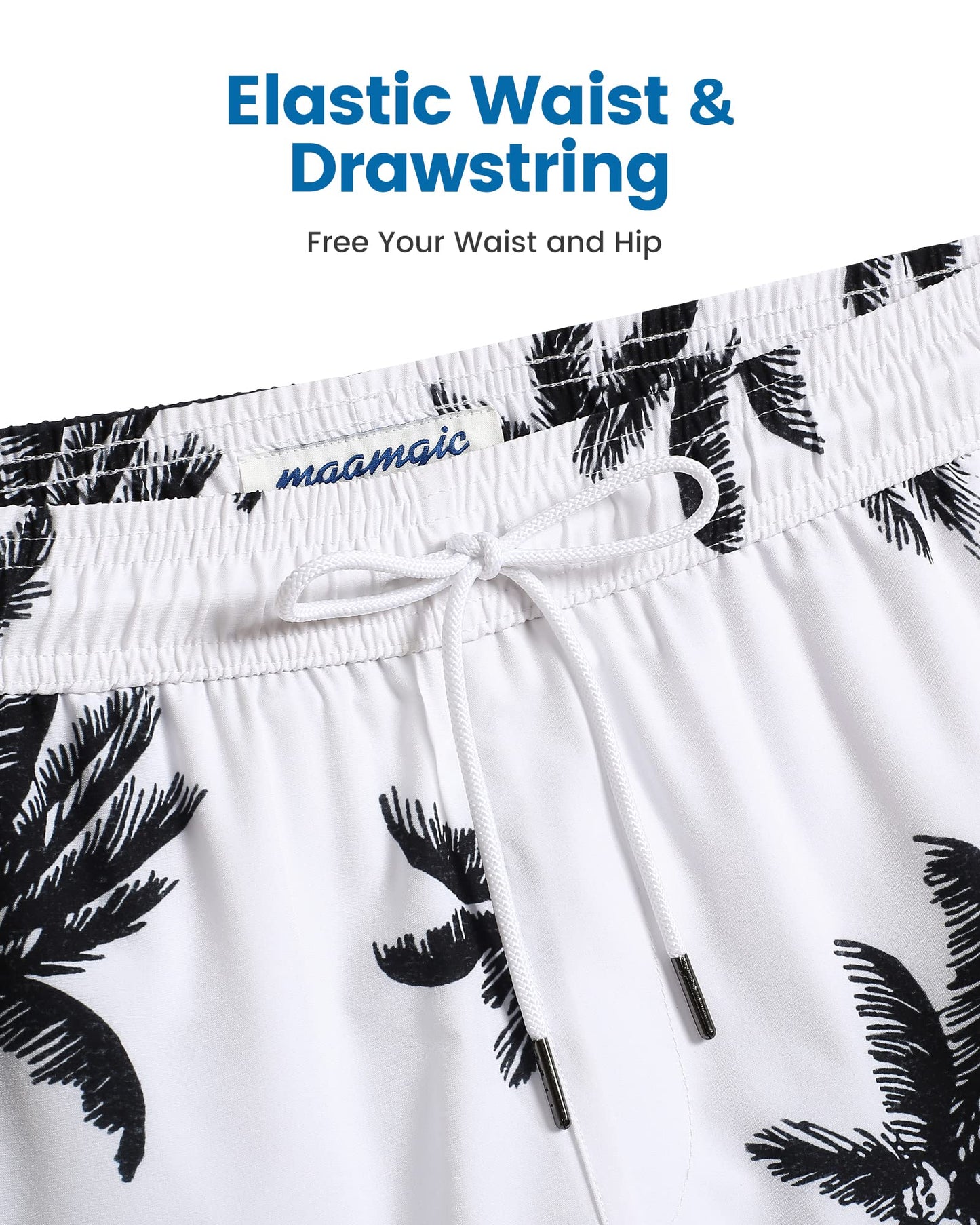 maamgic Mens Swim Trunks with Compression Liner 5 Inch, Quick Dry Bathing Suit with Zipper Pockets, Stretch No-Chafing Swim Shorts, White-Palm Tree Medium
