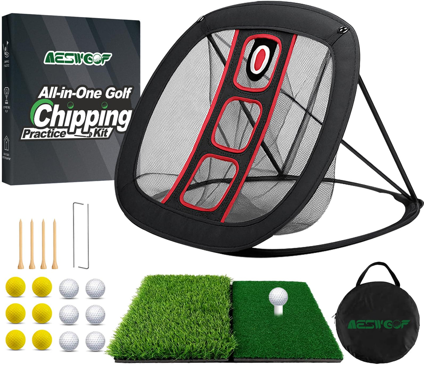 Golf Chipping Net Set with Mat & 12 Practice Balls – All-in-One Golf Training Kit – Portable, Easy Setup for Backyard & Indoor Use – Great Gift for Golfers and Beginners