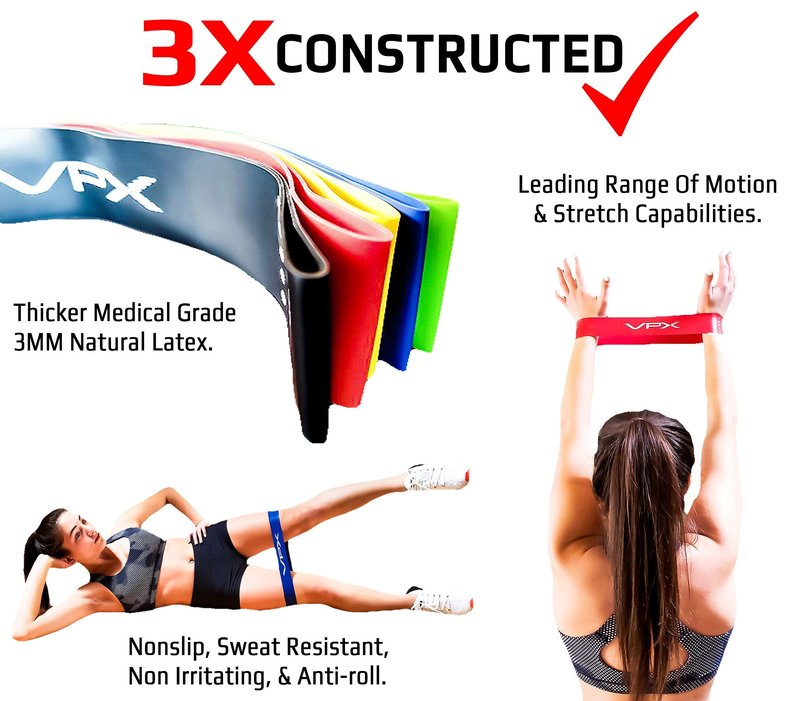 VPX Resistance Loop Exercise Bands | Set of 5 | Men & Women | Nonchaffing, Natural Latex, Nonirritating | Workout Accessories Equipment Squat, Glute, Calf, Booty, Legs, Abs, Stretching, Plyo, Lifting