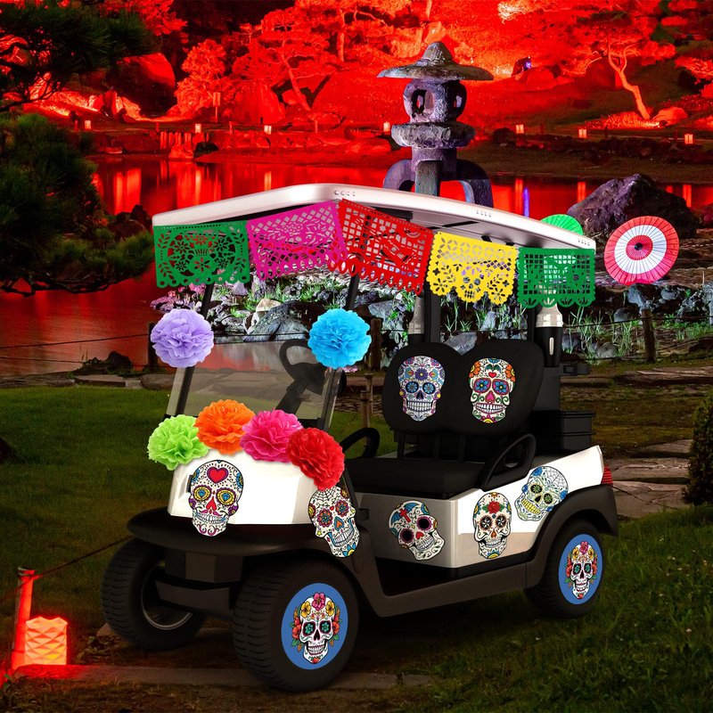 Faccito 19 Pcs Day of The Dead Golf Cart Decorations Dia De Los Muertos Car Decoration Picado Fiesta Banner Pom Poms Sugar Skull Stickers for Halloween Golf Cart Party Decor