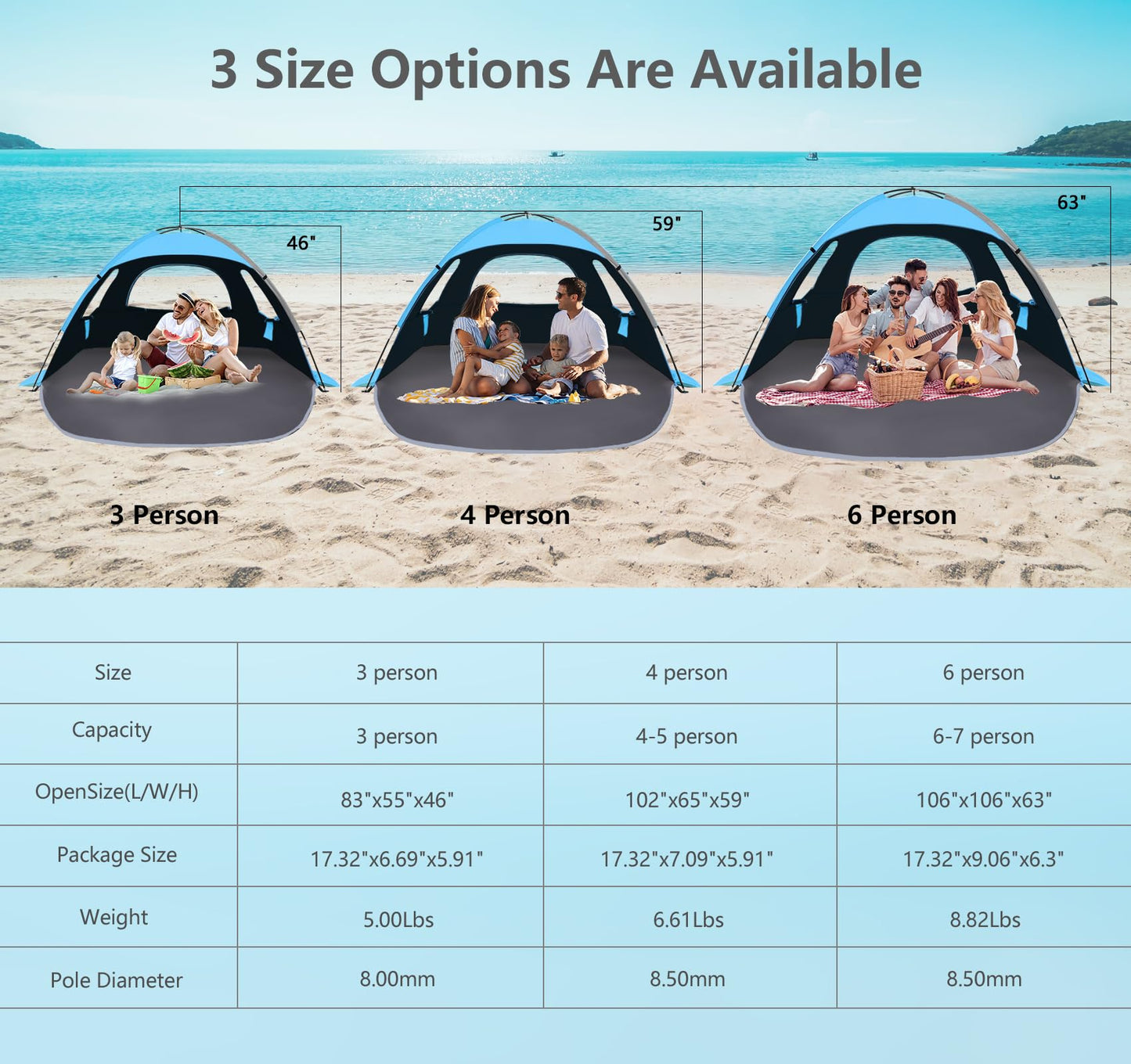 NXONE Beach Tent Sun Shade Shelter for 2-3 Person with UV Protection, Extended Floor, 3 Mesh Roll Up Windows & 8.0mm Fiberglass Rods丨Carry Bag Included (Dark Shelter-Ocean Blue)