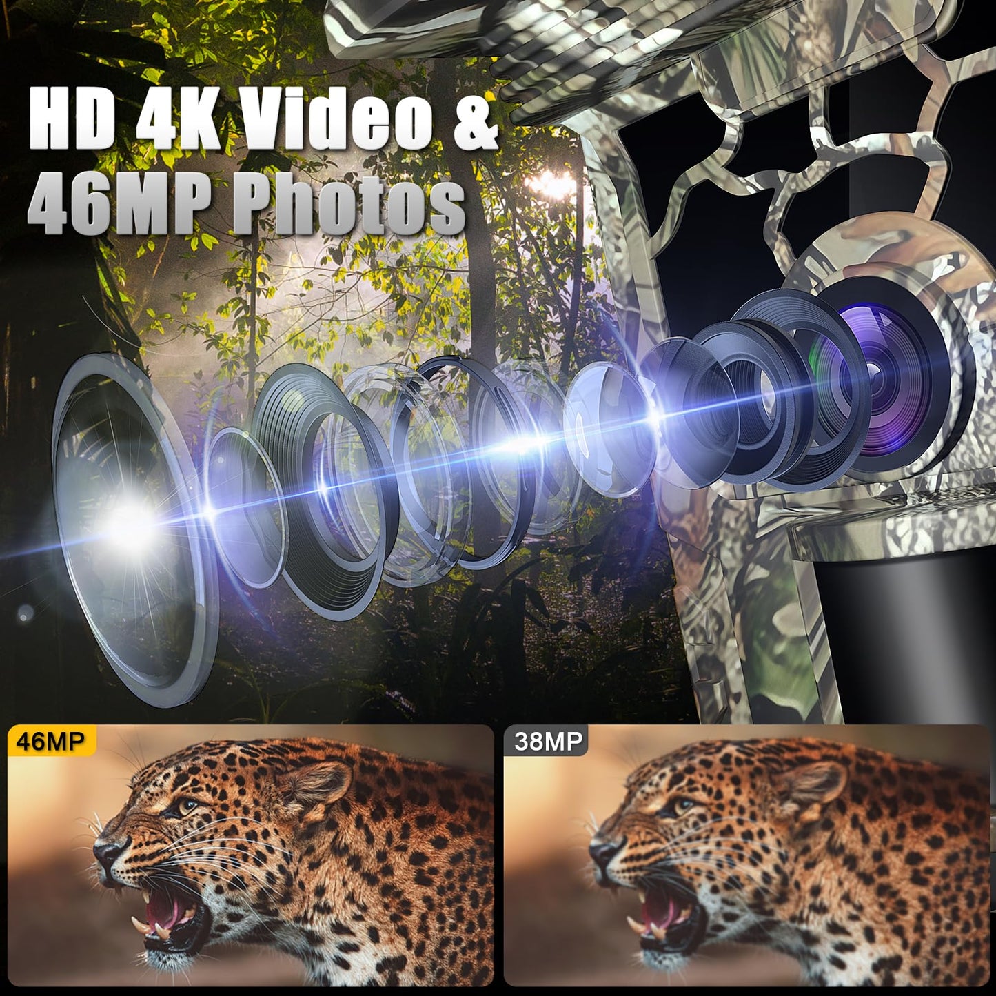 Zelvor Trail Camera Solar Powered 4K 46MP, WiFi Bluetooth Game Camera with 32GB Memory Card, 130° Wide Angle, Motion Activated 0.3s Trigger, IP66 Waterproof No Glow Night Vision