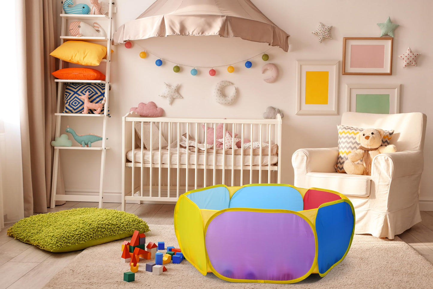 Eocolz Kids Ball Pit Large Pop Up Childrens Ball Pits Tent for Toddlers Playhouse Baby Crawl Playpen with Basketball Hoop and Zipper Storage Bag, Balls Not Included (1M Multicolor)