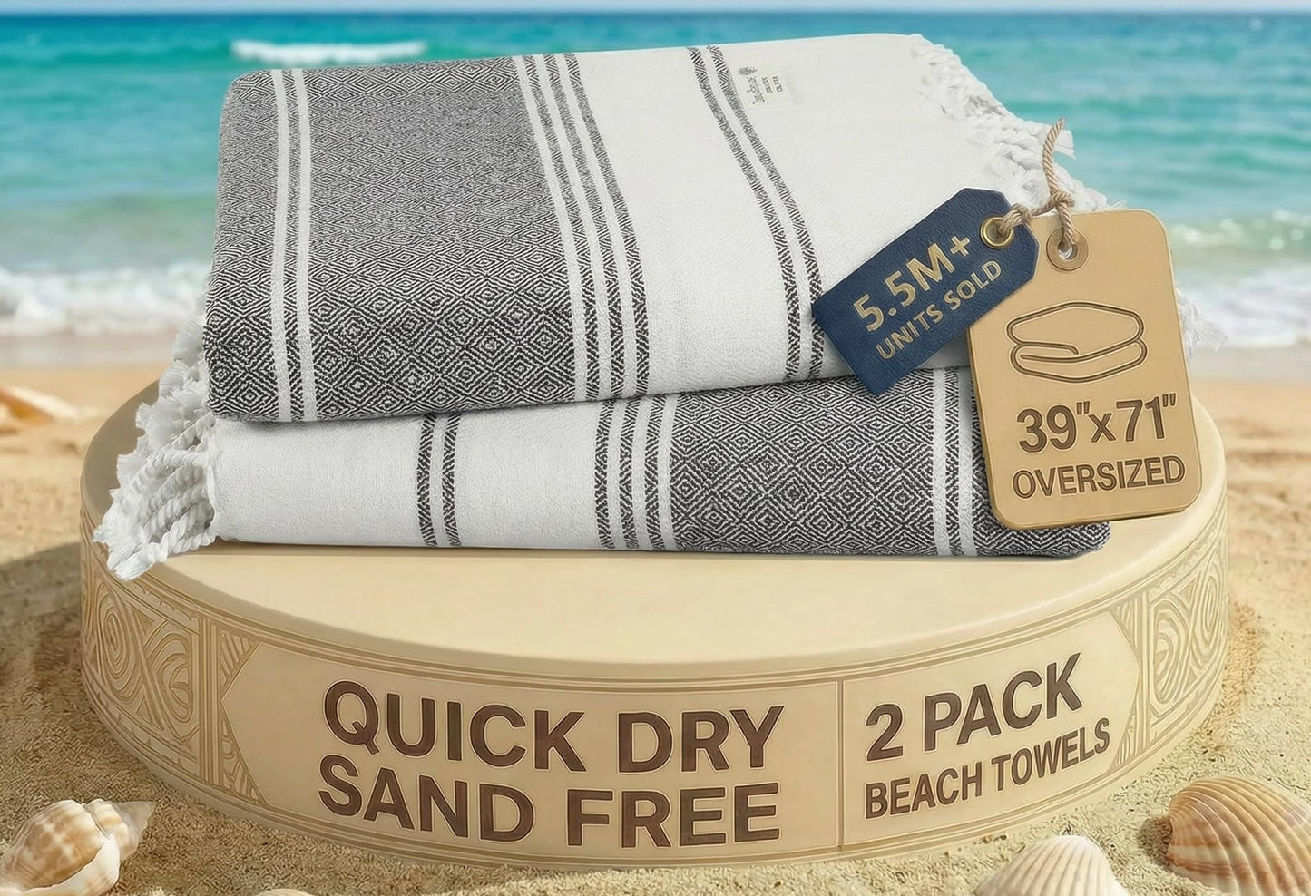 LANE LINEN Beach Towel, 2 Pack Beach Towels Oversized, 39"x71", Quick Dry Pool Towels for Adults, Absorbent Sandproof, Lightweight Travel Beach Towel - Ebony