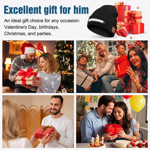 Valentines Day Gifts for Him,Bluetooth Beanie hat with Light,Skin Friendly, Warm Knit hat,Built in Speaker Microphone,Birthday Gifts for Men Him Black