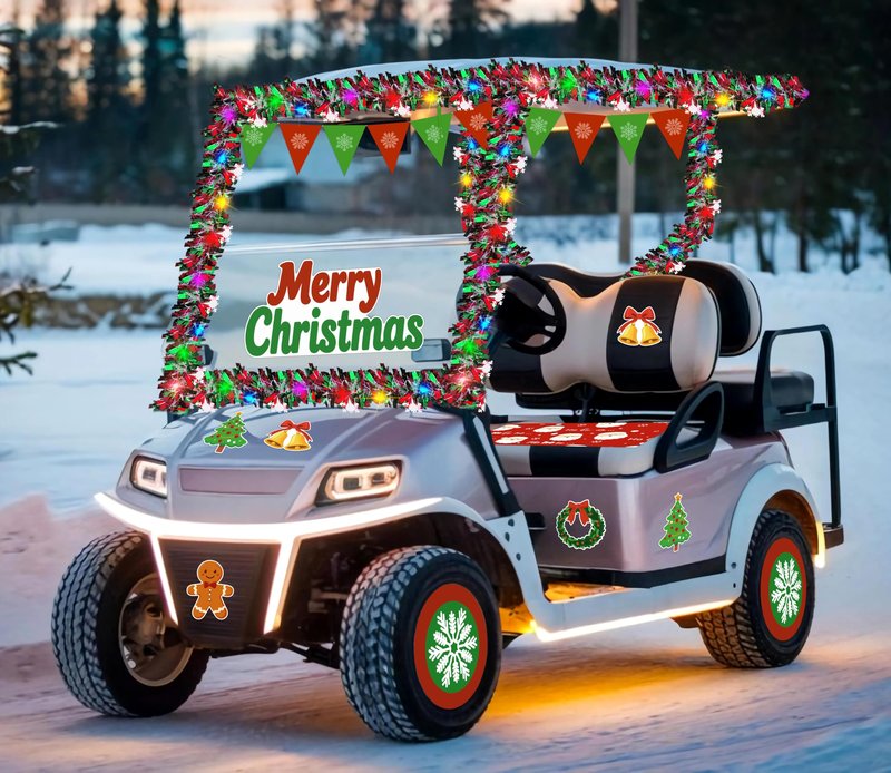 Moon Boat 21Pcs Christmas Golf Cart Decorations - Seat Cover Tinsel Garland Stickers Banner Accessories Kit for Parade Decor