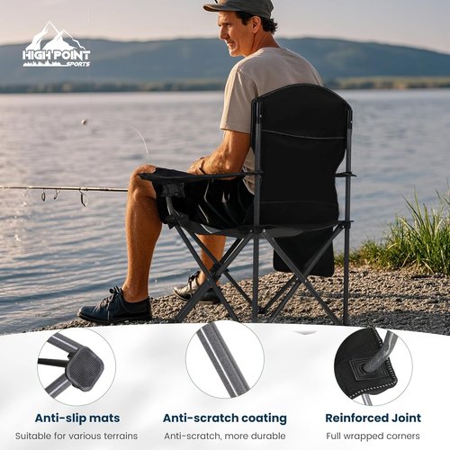 High Point Sports Oversized Camping Chair - Heavy Duty Portable Lawn Chair with Cup Holder, 350 LBS Support | 2 Pack, Gray-Black