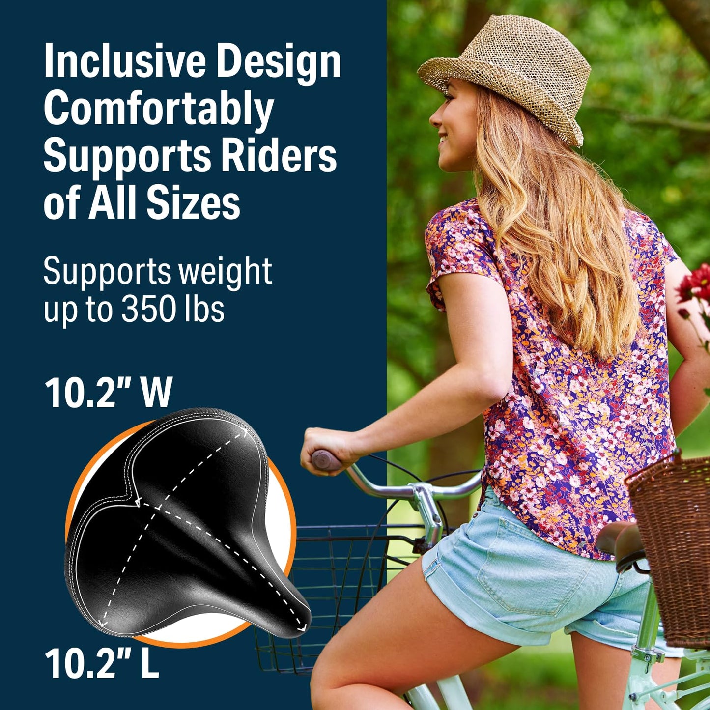 Bikeroo Wide Cruiser Saddle - Comfort Seat Fits Indoor & Outdoor Bicycles - Steel Spring & Elastomer Suspension - Memory Foam - Black