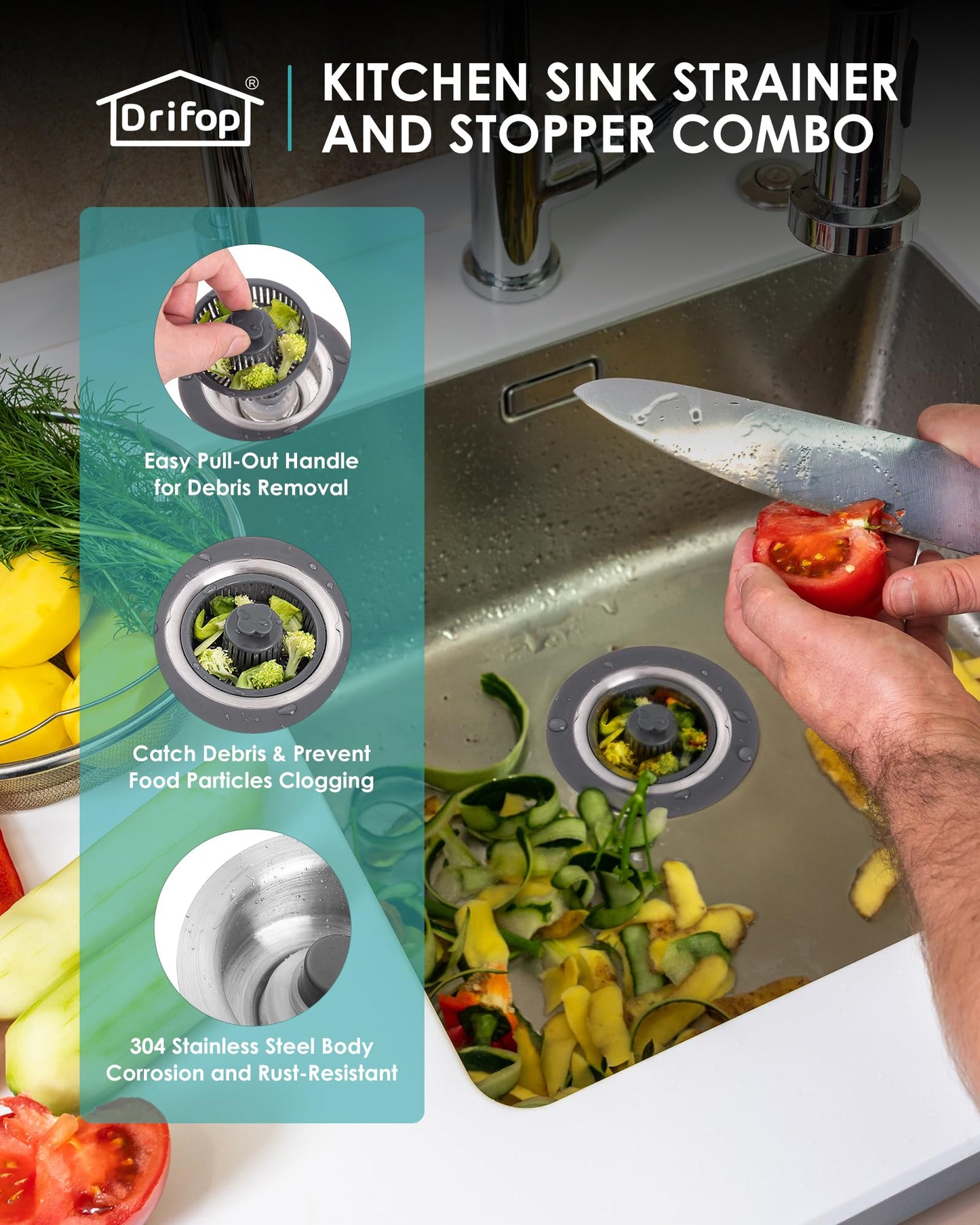 Drifop 3 in 1 Kitchen Sink Stopper and Strainer Combo, Pop Up Stainless Steel Kitchen Drain Strainer, Anti-Clogging Sink Strainer Basket with Handle for Standard 3-1/2 inch Drain, 1Pack