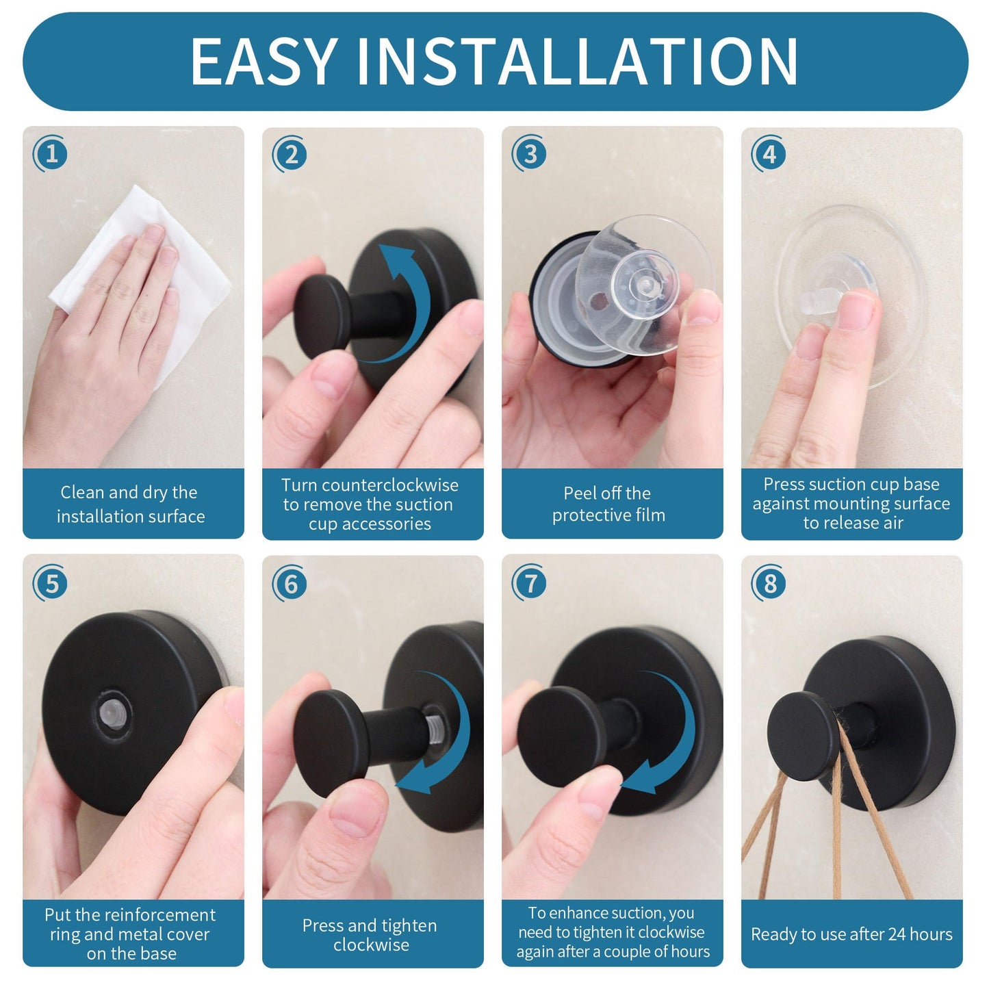 Deluwire Suction Cup Hooks for Shower,3 Packs Wall Mount Towel Holder,Removable Shower Towel Suction Hooks for Bathroom Wall,Kitchen,Glass,Mirror,Tile to Hang Robes,Loofah-Black