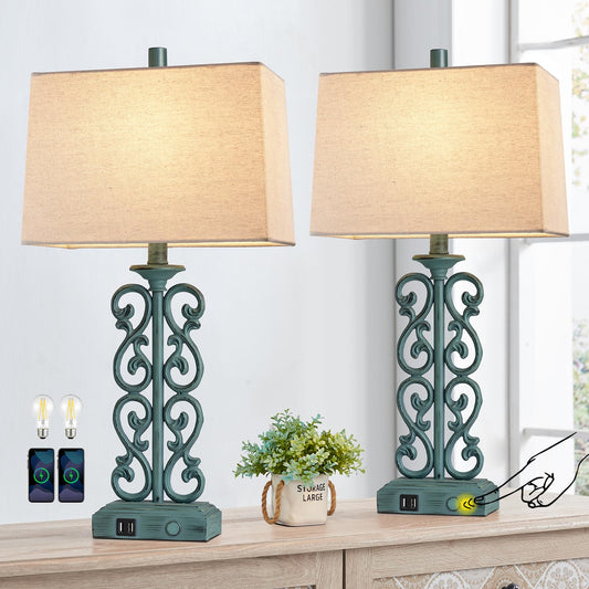 25" Set of 2 Touch Vintage Resin Table Lamps for Living Room, 3-Way Dimmable Nightstand Lamp with 2 USB Ports, Farmhouse Rustic Bedside Lamp for Entryway Bedroom End Table, 2 LED Bulb Included