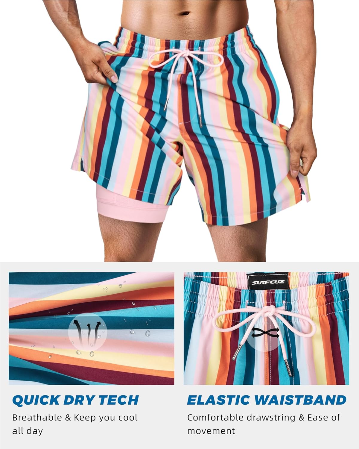 Surf Cuz Men's Swim Trunks - Quick Dry Compression Liner with Zipper Pockets | Vintage Stripes, XS