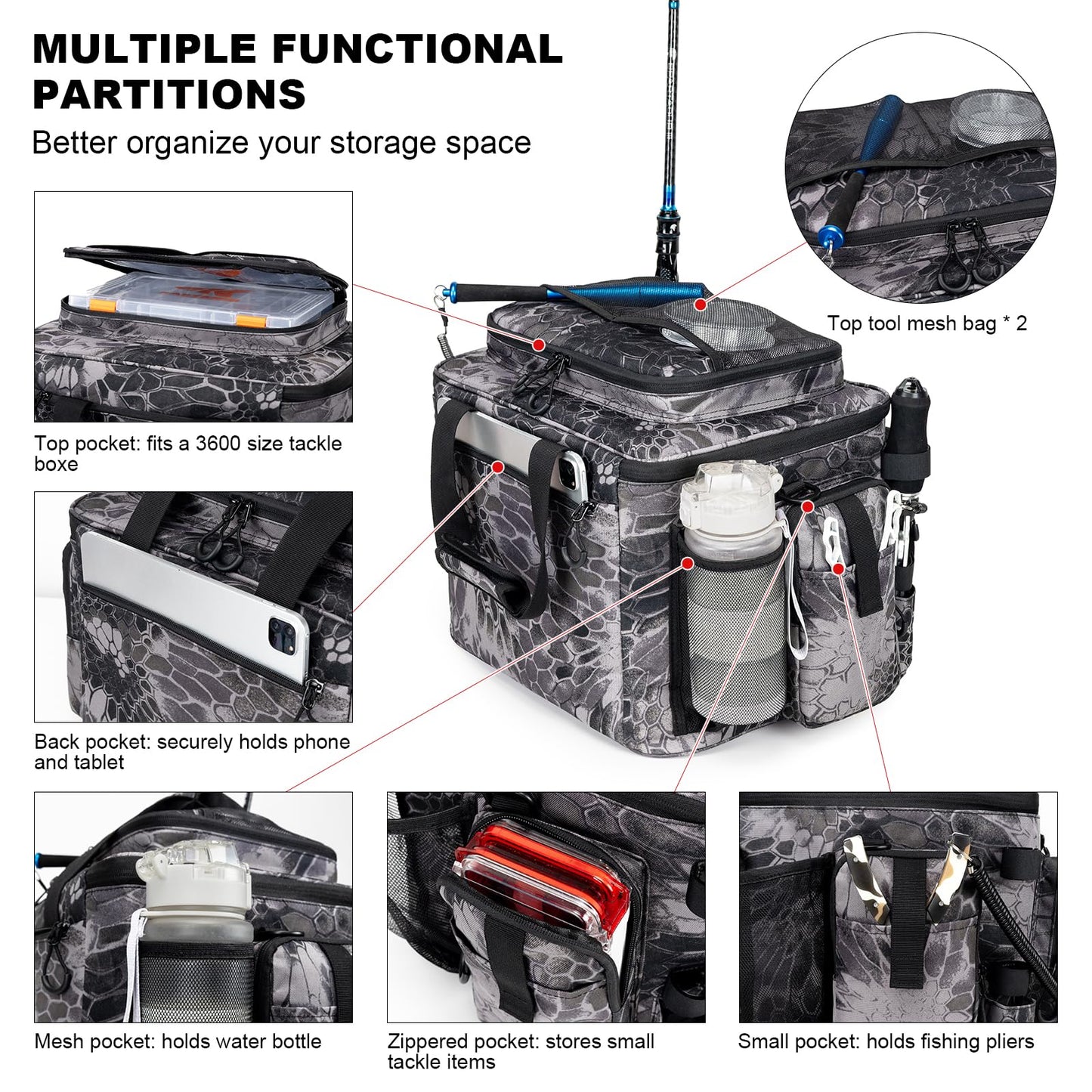 Rabjen Fishing Tackle Bag with Rod Holders & Cooler Main Compartment – Large Capacity Fishing Bag for Organized Gear Storage