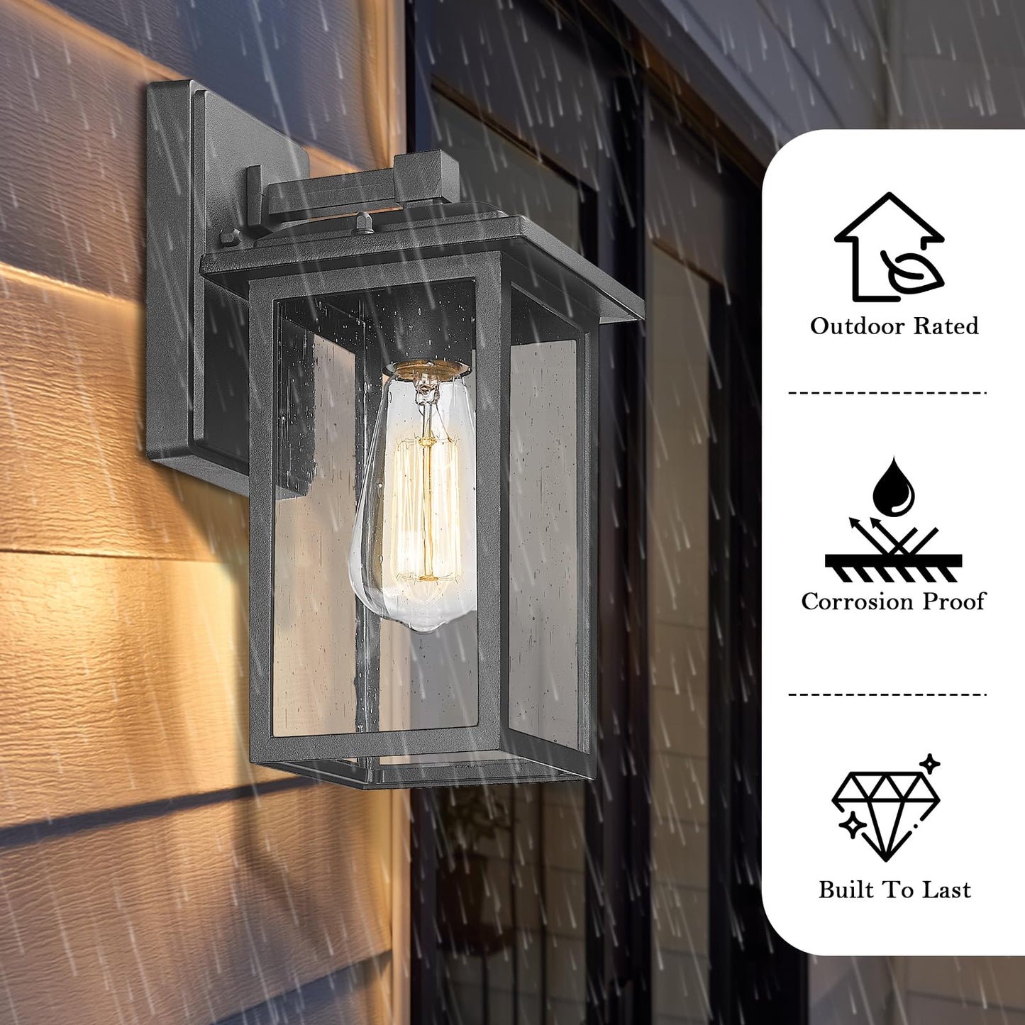 Diyel Outdoor Wall Sconces 2 Pack, Exterior Light Lantern Fixtures, Porch Light Lamps Outdoor Wall Mounted in Black Finish with Seeded Glass for House, Garage, Patio, Yard, Garden