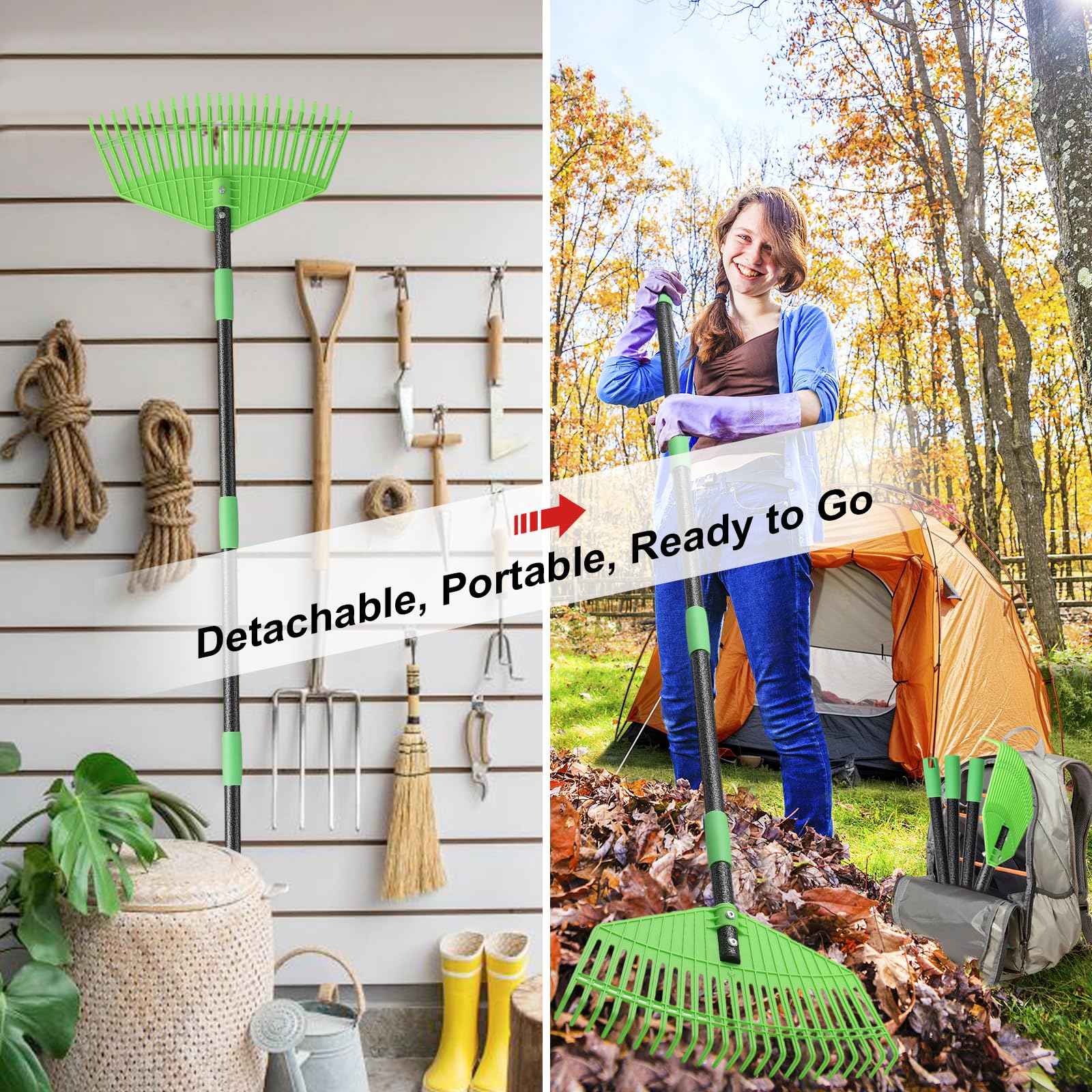 Poly Garden Rake for Leaves - 16.5'' Plastic Leaf Rake for Yard Lawn, 75'' Adjustable Outdoor Heavy Duty Rakes for Sweep Leaves,Grass, Pine Needle,Lightweight Long Handle for Women Seniors Kids